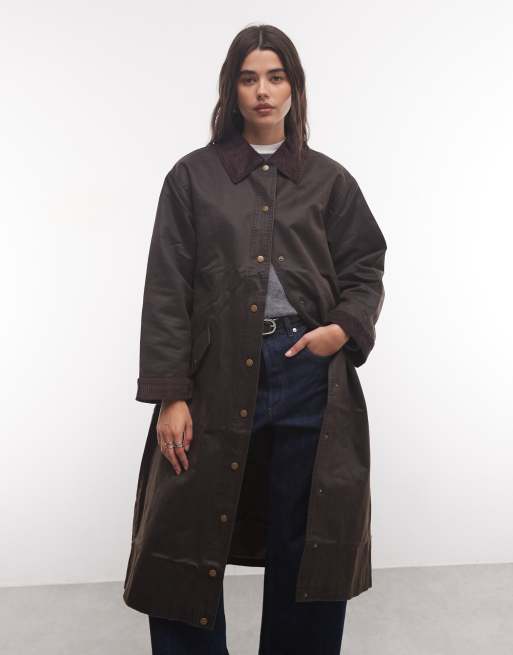Reclaimed Vintage waxed longline mac in brown, 2 of 4