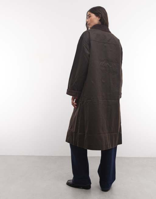 Reclaimed Vintage waxed longline mac in green, 4 of 4