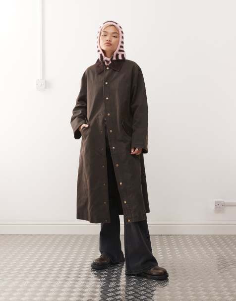 Reclaimed Vintage waxed longline mac with cord collar in dark chocolate brown  - view 1