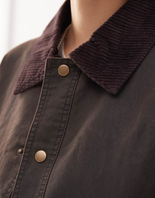 Reclaimed Vintage waxed longline mac with cord collar in dark chocolate brown , 3 of 4