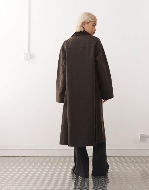 Reclaimed Vintage waxed longline mac with cord collar in dark chocolate brown , 4 of 4