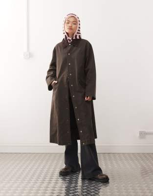 Reclaimed Vintage Waxed Longline Trench Coat With Cord Collar In Green