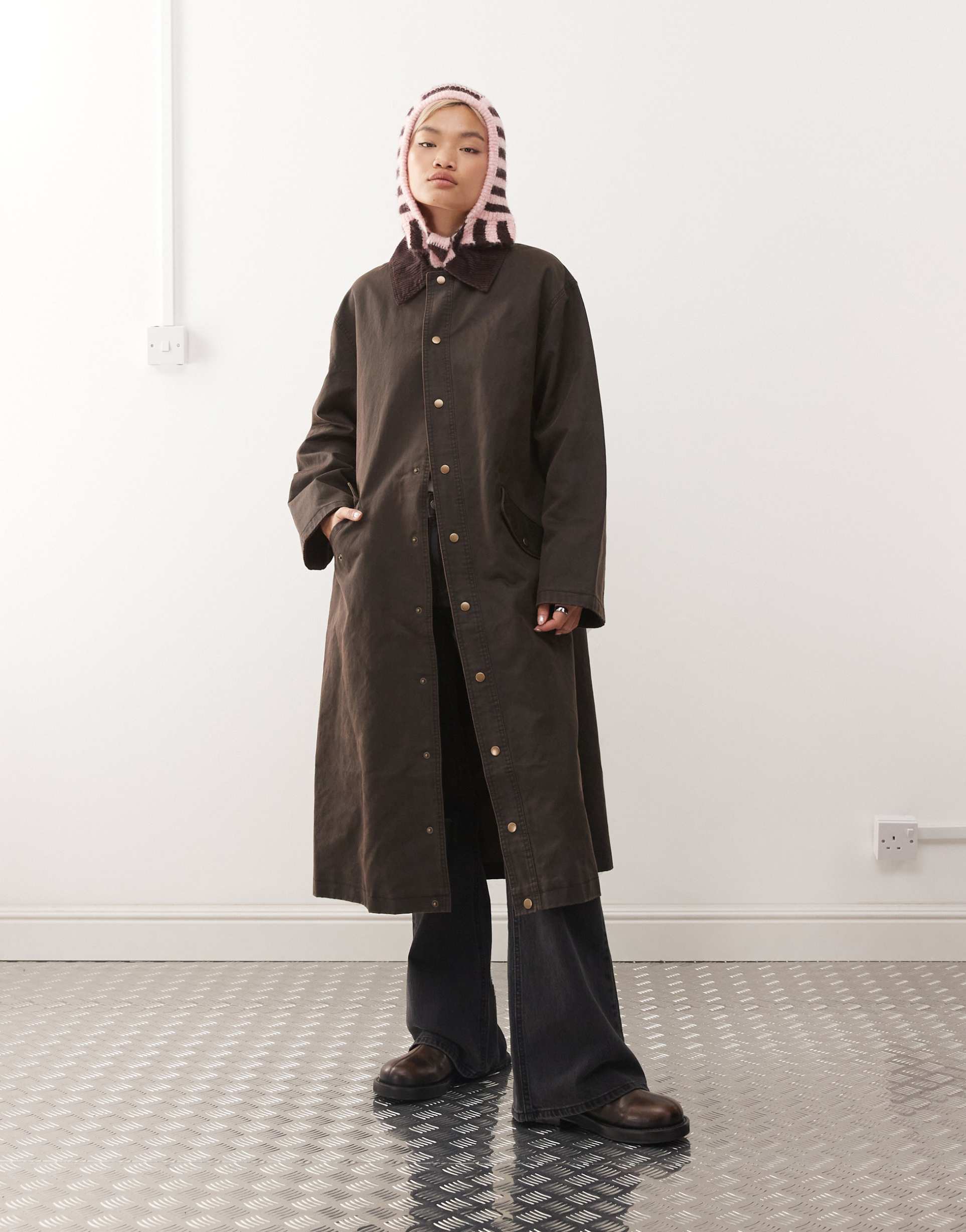 reclaimed vintage waxed longline trench coat with cord collar in dark chocolate brown
