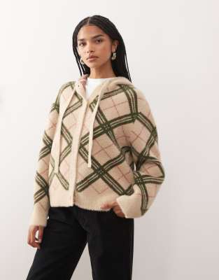 Reclaimed Vintage - Weiche Strickjacke mit Karomuster in neutralen Farben, Kapuze und Schleife