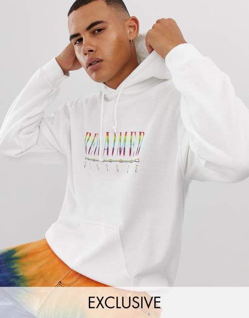 Reclaimed Vintage – Weißer Kapuzenpullover mit Regenbogen-Logo