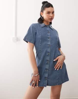 western a-line denim dress in mid blue wash with embroidery