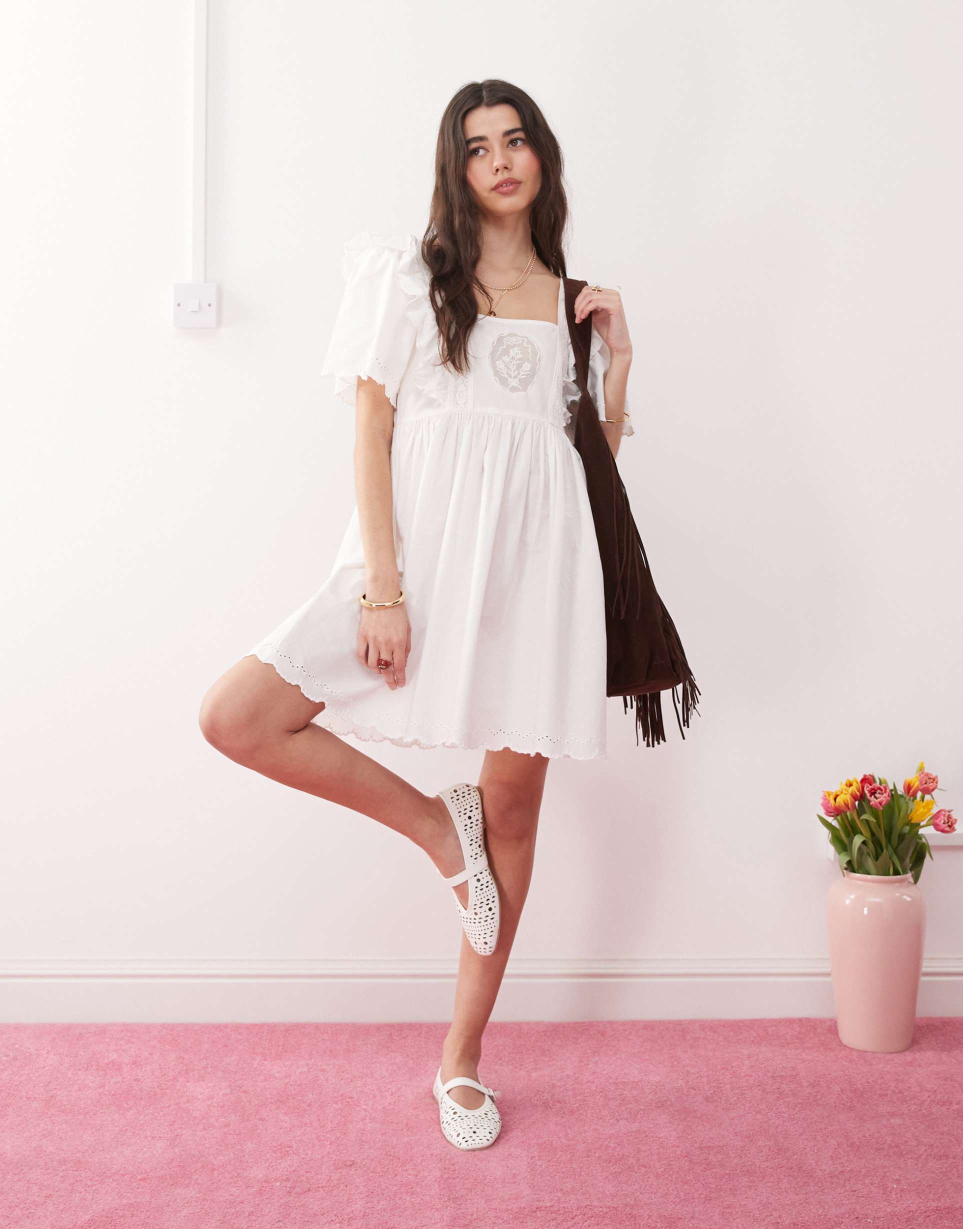 reclaimed vintage western babydoll smock dress with embroidery lace details in white