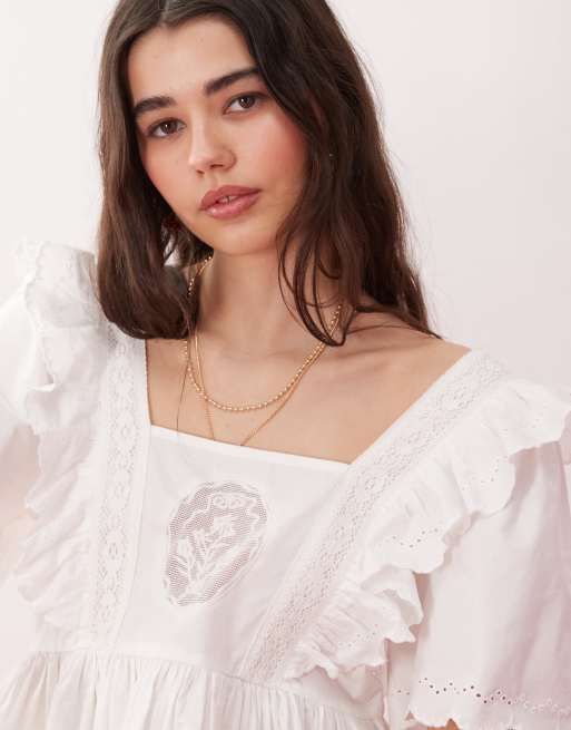 Reclaimed Vintage western babydoll smock dress with embroidery lace details  in white | ASOS