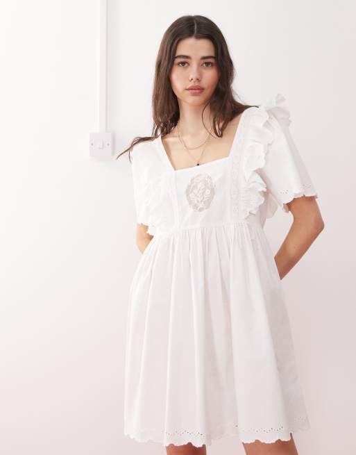 Reclaimed Vintage western babydoll smock dress with embroidery lace details  in white | ASOS