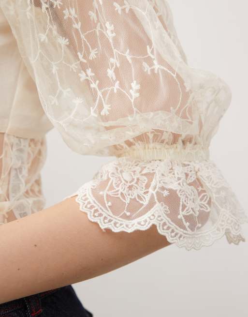 Reclaimed Vintage western button down tea top with floral detail in ivory, 3 of 4