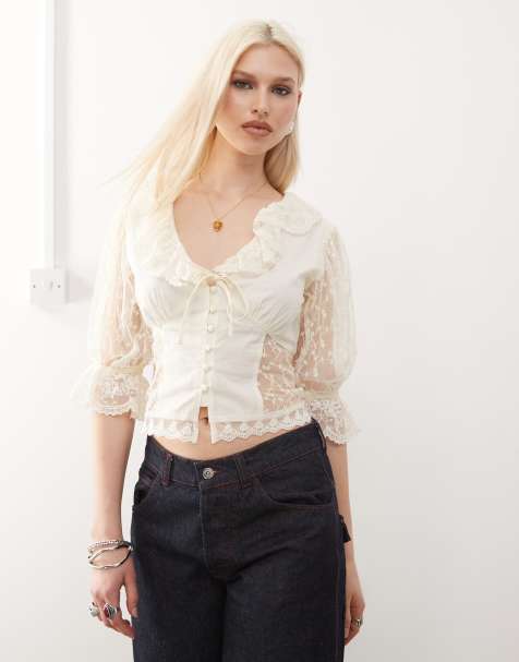Reclaimed Vintage western button down tea top with floral details in ivory - view 1