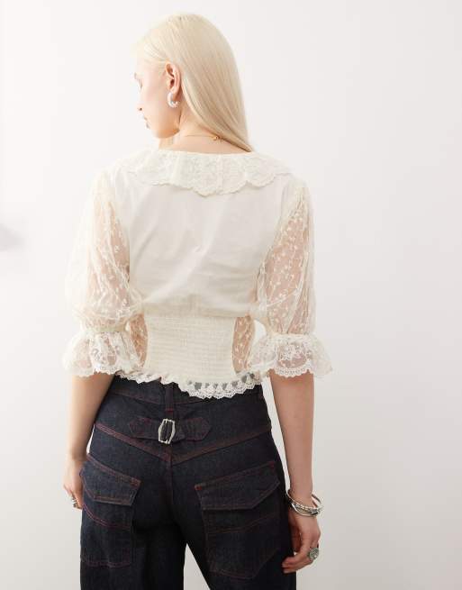 Reclaimed Vintage western button down tea top with floral details in ivory, 4 of 4