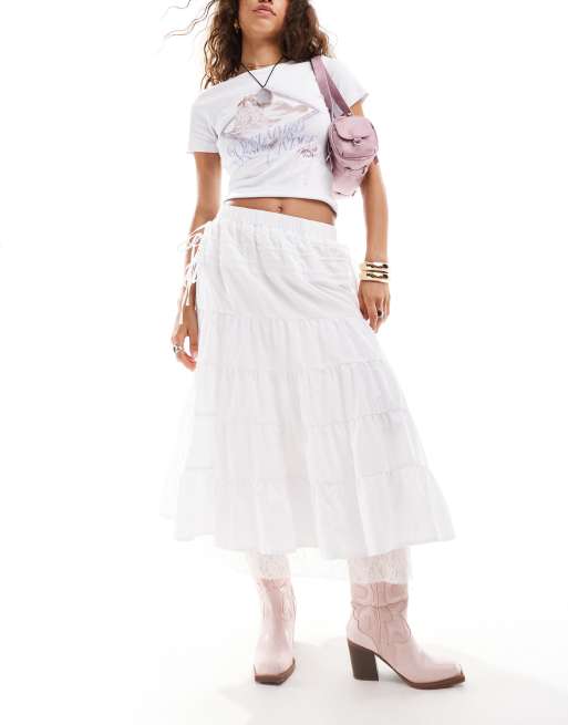 Reclaimed Vintage western cowgirl midi skirt with lace hem in white
