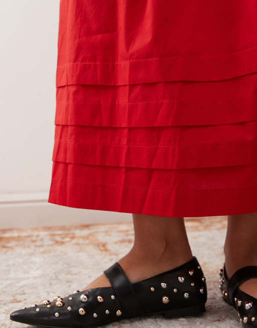 Reclaimed Vintage midi prairie skirt with pintucks in red cotton