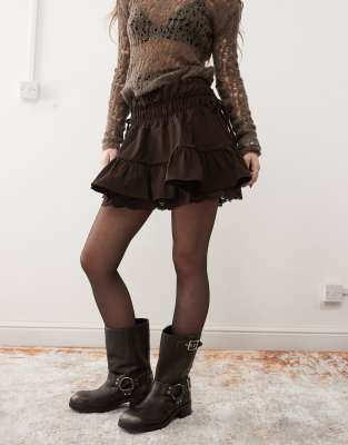 western cowgirl mini skirt with lace hem in brown