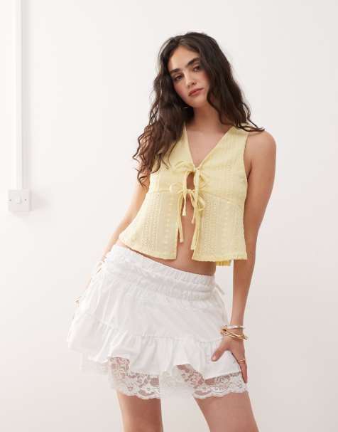 Reclaimed Vintage western cowgirl mini skirt with tie sides and lace hem in white - view 1