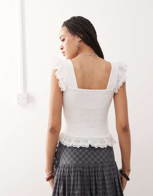 Reclaimed Vintage western cowgirl prairie top in white broderie