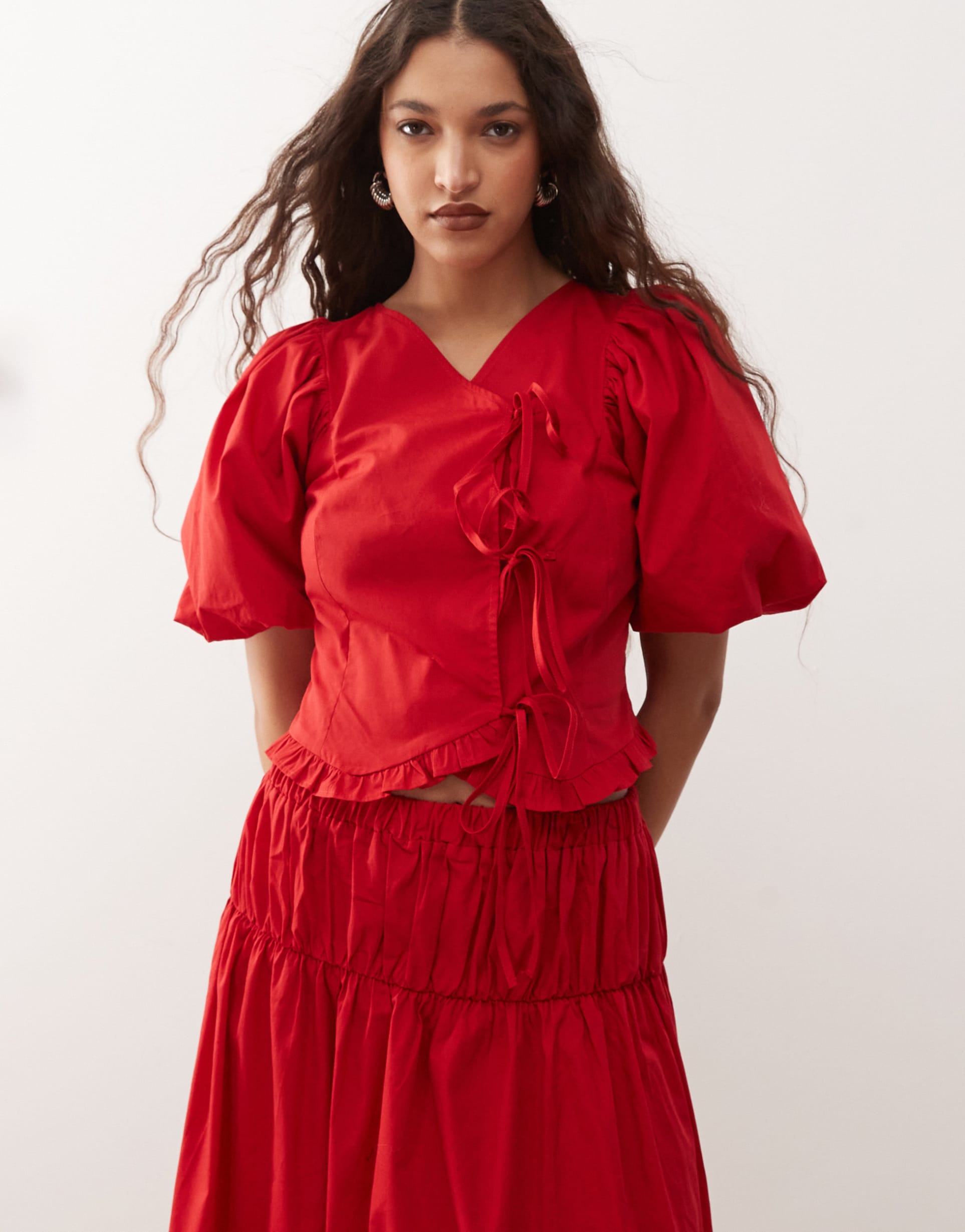 reclaimed vintage western cowgirl top with puff sleeve and tie front in red - part of a set