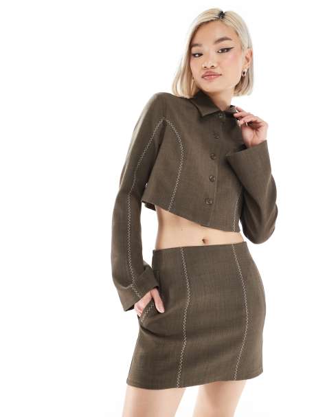 Reclaimed Vintage western crop blazer with crosstitch detail in brown co-ord - view 1