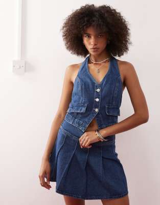 western denim halter neck top in indigo wash - part of a set-Blue