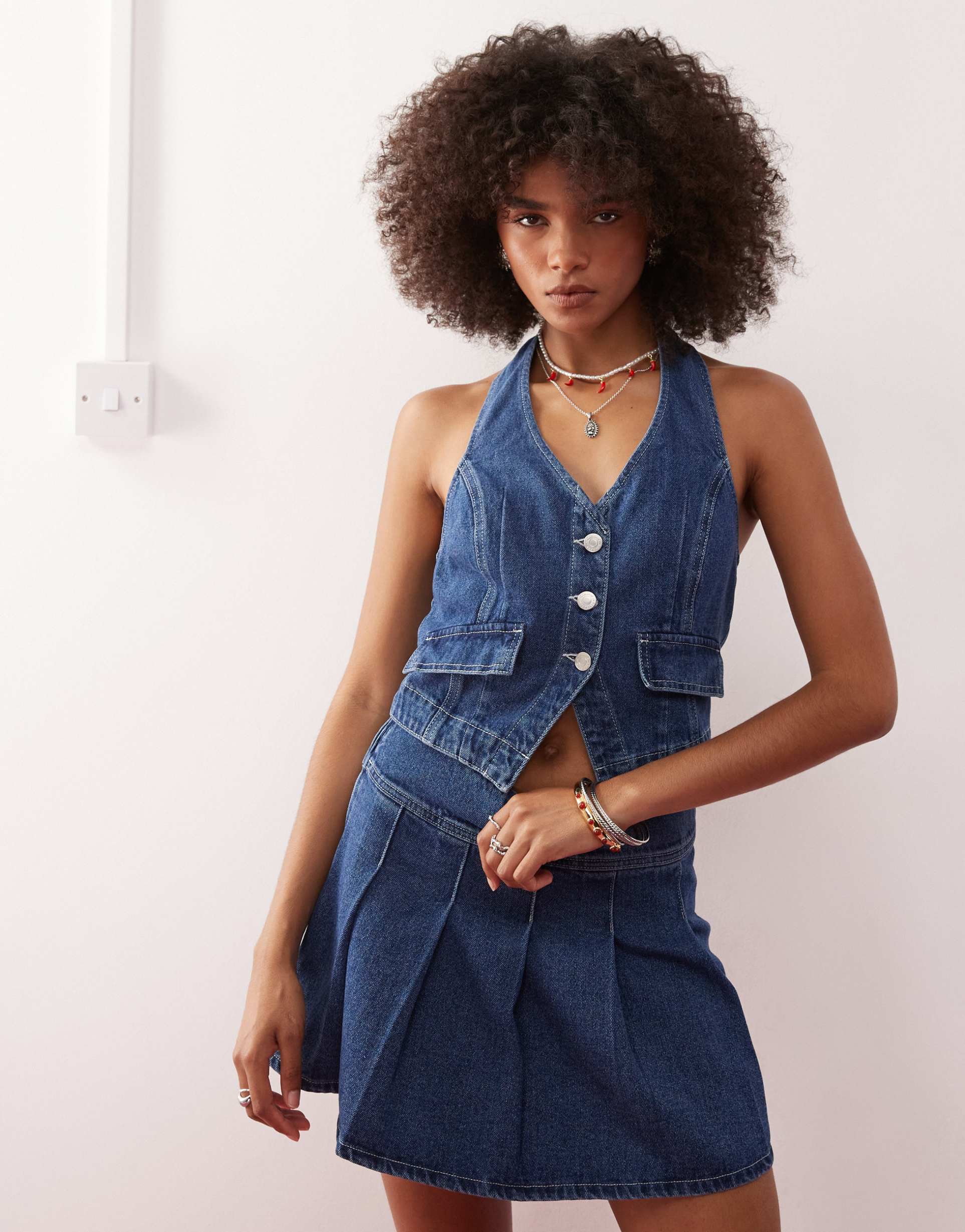 reclaimed vintage western denim halter neck top in indigo wash - part of a set