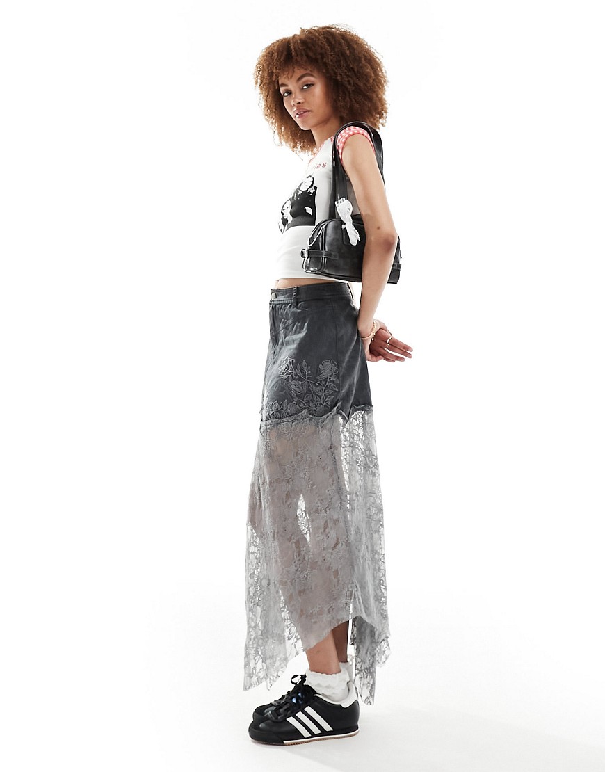 western denim & lace maxi skirt-Gray