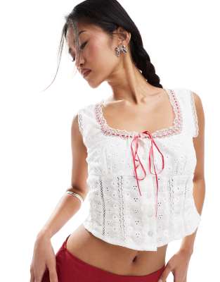 Shop Reclaimed Vintage western milkmaid broderie top with ribbon Online – Trendy & Affordable Fashion