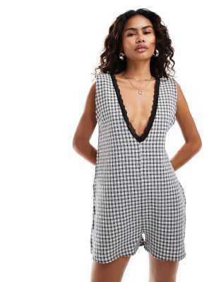 western milkmaid romper in gingham-Black