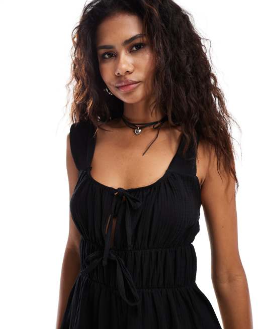 Reclaimed Vintage western milkmaid tie front playsuit in black texture, 3 of 4