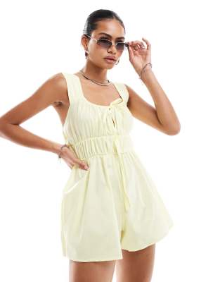 Reclaimed Vintage western milkmaid tie front playsuit in yellow