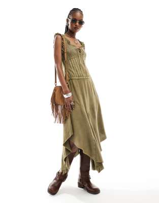 western milkmaid twill midi dress in washed khaki-Multi