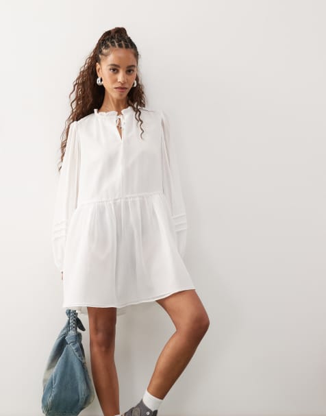 Reclaimed Vintage western mini smock dress with tie front collar in ivory - view 1