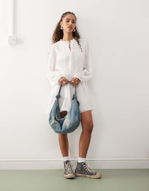 Reclaimed Vintage western mini smock dress with tie front collar in ivory, 4 of 4