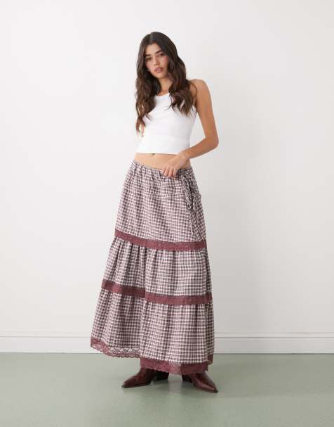 Reclaimed Vintage western prairie maxi skirt with lace trims in check - view 1