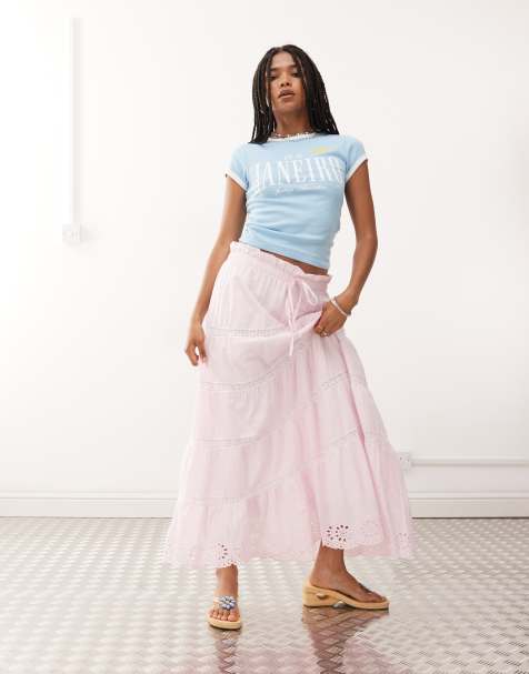 Reclaimed Vintage western prairie skirt wth lace trim in pink - view 1