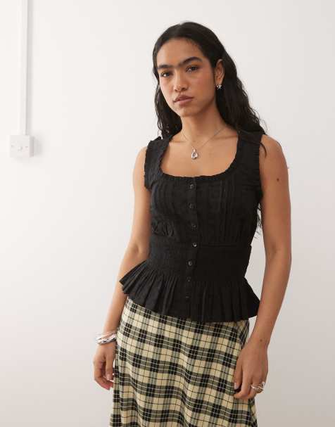 Reclaimed Vintage western prairie top with shirred waist in black broderie - view 1