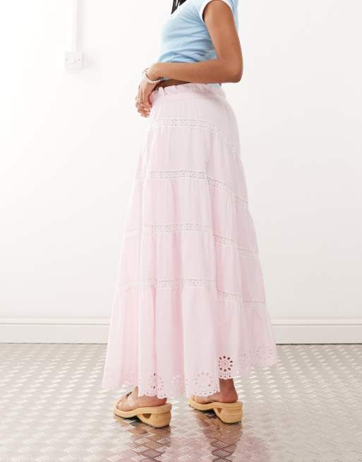 Reclaimed Vintage western pull on prairie skirt with lace trim in pink