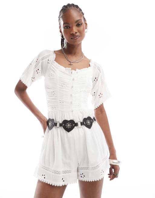 Reclaimed Vintage western romper with eyelet and lace inserts in ivory