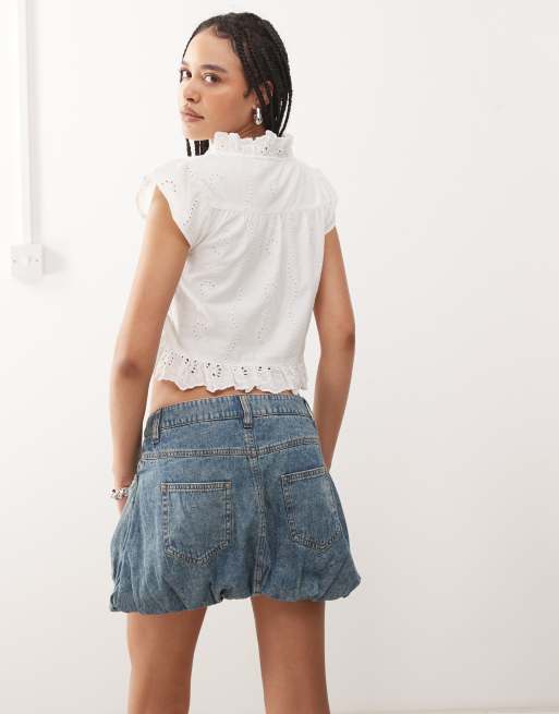 Reclaimed Vintage western tea top with broderie trim in white, 3 of 4