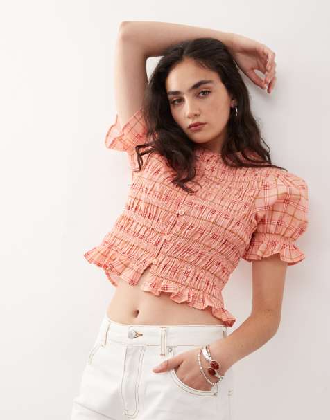 Reclaimed Vintage western top with shirring detail and puff sleeve in pink check - view 1