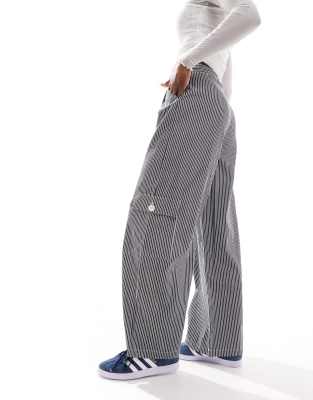 wide leg cargo pants in dark gray pinstripe-Blue