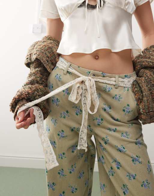 Reclaimed Vintage wide leg cord trousers with lace belt in floral print
