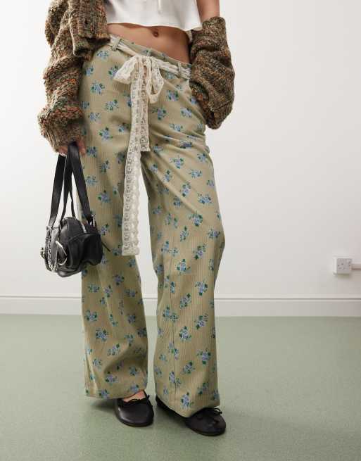 Reclaimed Vintage wide leg cord trousers with lace belt in floral print