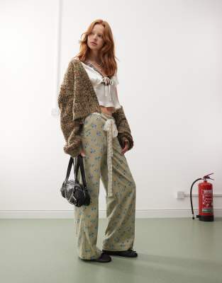 Reclaimed Vintage Reclaimed Vintage wide leg cord trousers with lace belt in floral print-Multi