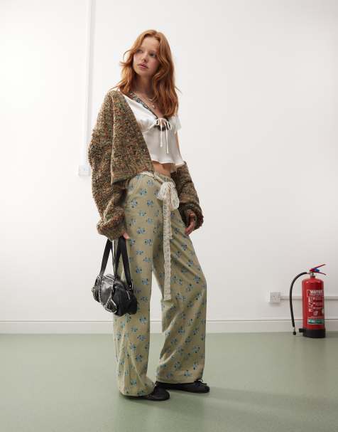 Reclaimed Vintage wide leg cord trousers with lace belt in floral print - view 1