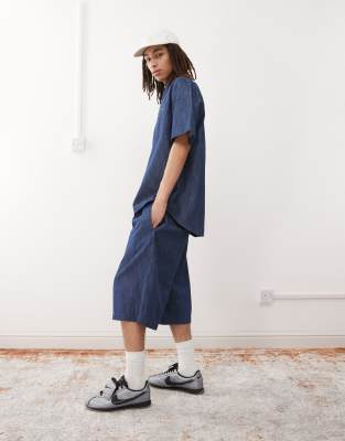 Reclaimed Vintage Reclaimed Vintage wide leg denim chambray shorts in mid blue co ord