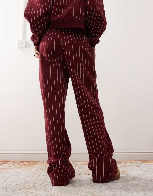 Reclaimed Vintage wide leg jogger in burgundy stripe, 3 of 5