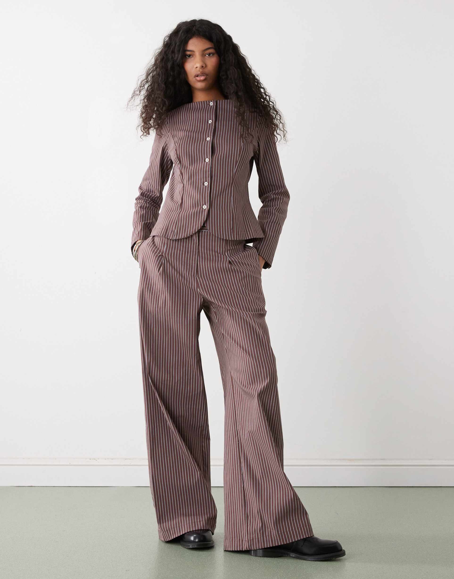 reclaimed vintage wide leg pants in blue and brown pinstripe