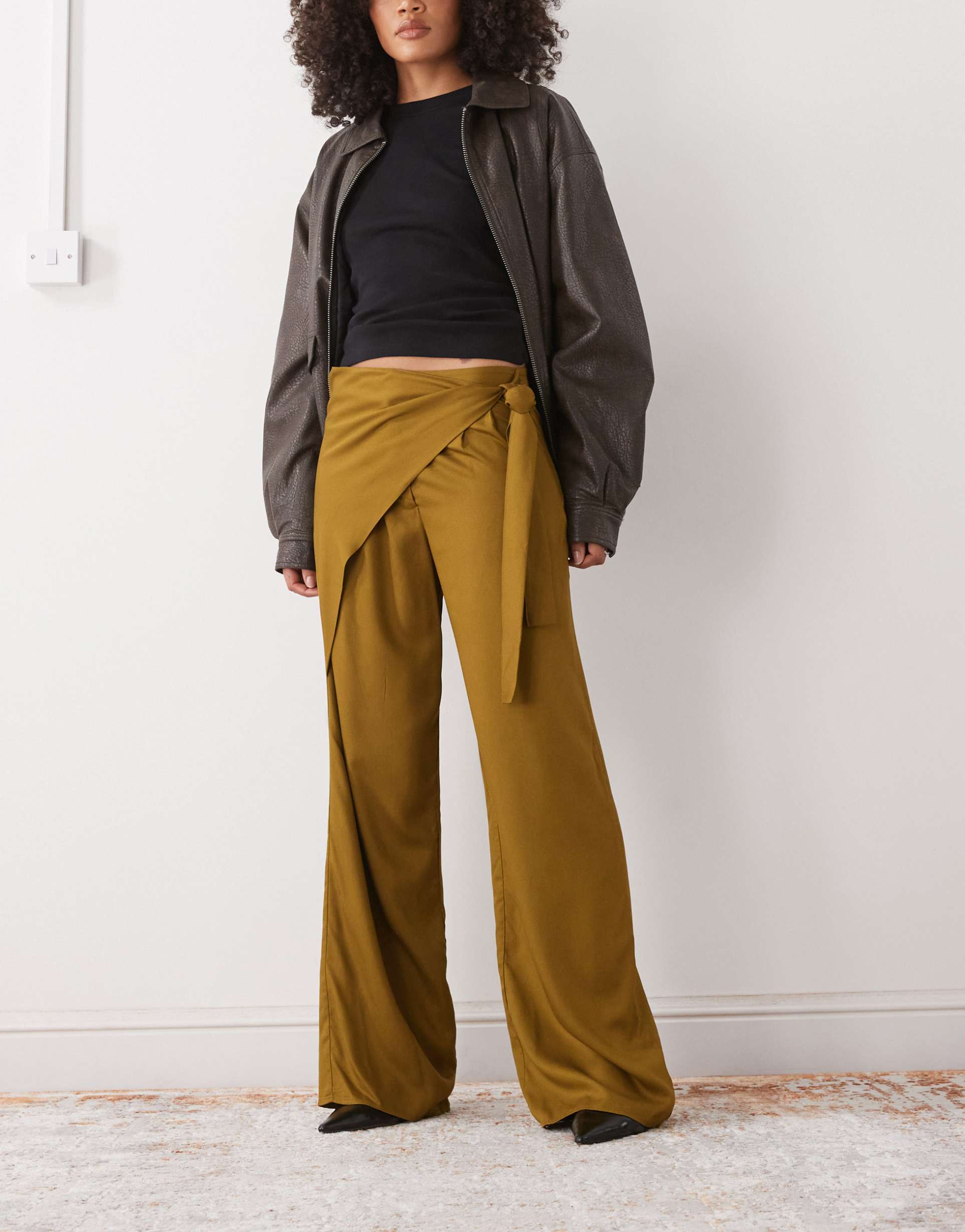 reclaimed vintage wide leg pants with wrap tie detail in khaki green