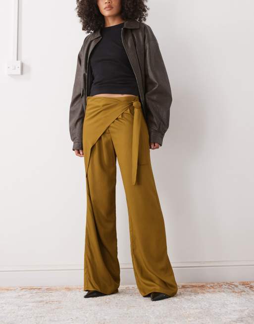 Reclaimed Vintage wide leg pants with wrap tie detail in khaki green